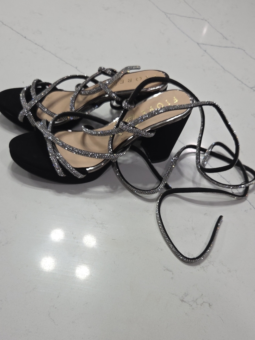 Black Heeled Strappy Tie Up Sandals with Silver Rhinestone Laces New!!